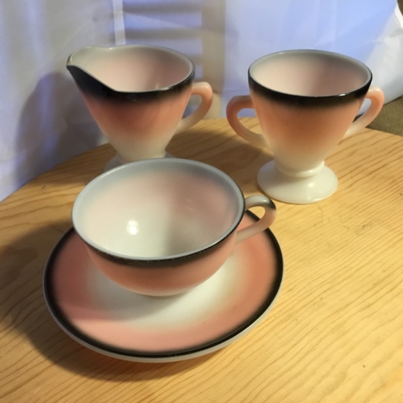 Vintage HAZEL ATLAS OVIDE Sugar & Cream Set w/1Cup & Saucer Retro Pink Black - Picture 5 of 8